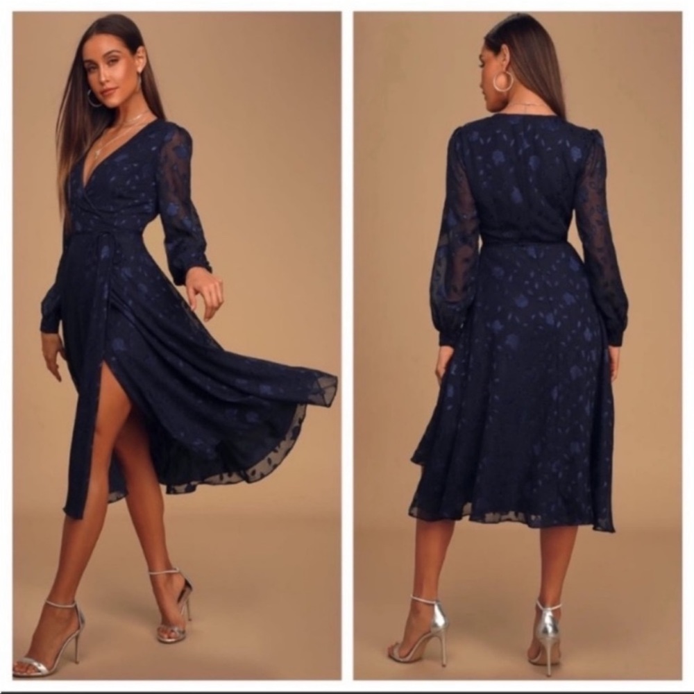 Lulus Evening of Elegance Navy Blue Floral Jacquard Wrap Midi Dress